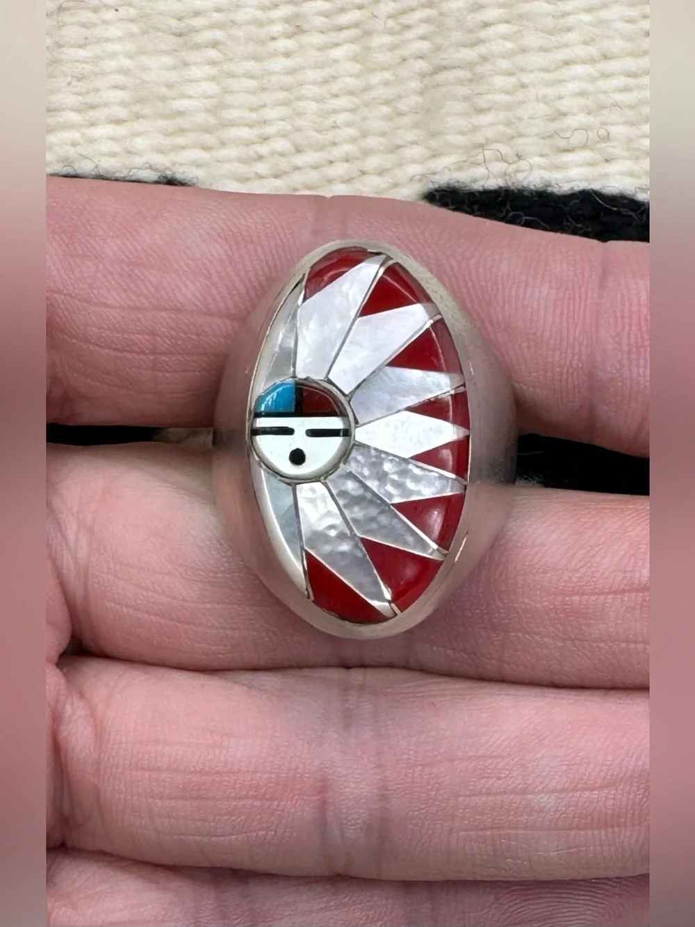 Zuni Native American Sterling Silver Turquoise Multi Stone Inlay Mens Ring 10.5